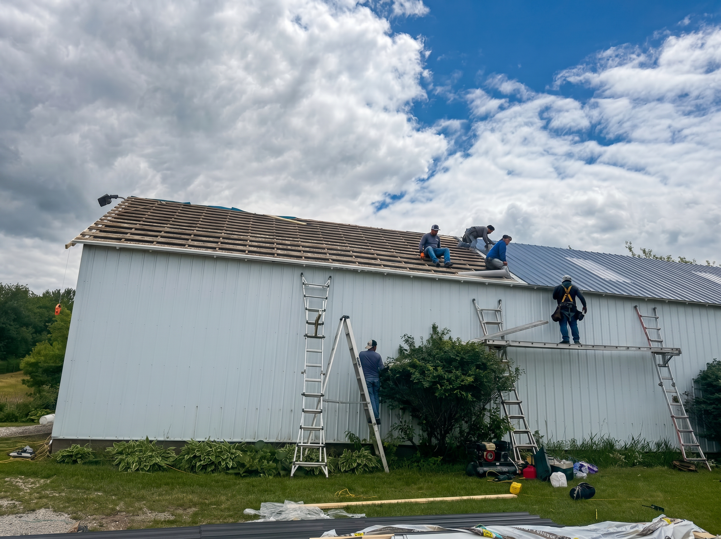 Crew installing metal roofing panels on pole barn