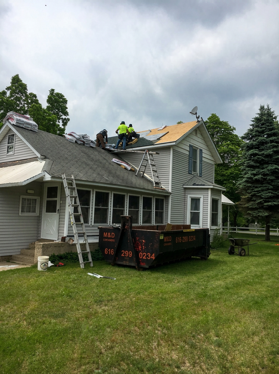 Roofing crew installing new shingles with dumpster on site
