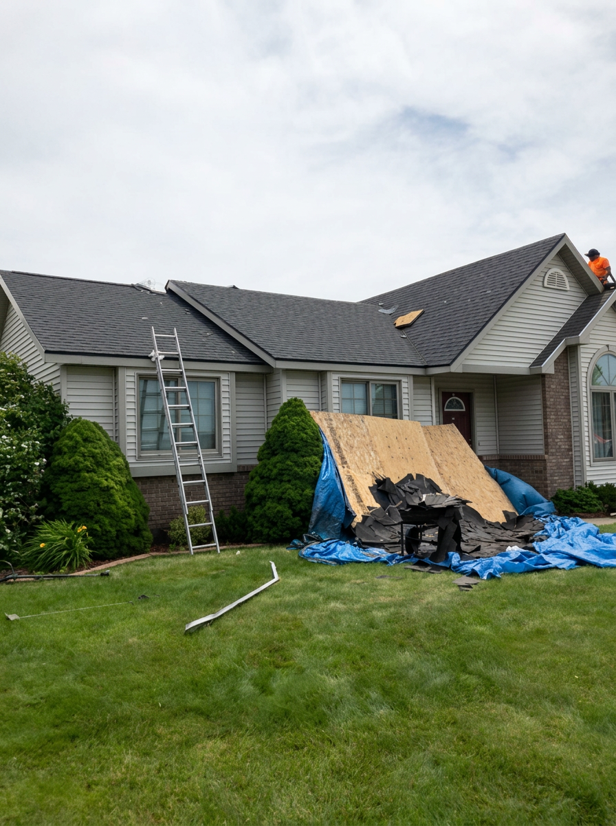 Shingle tear-off in progress with debris slide protecting landscaping
