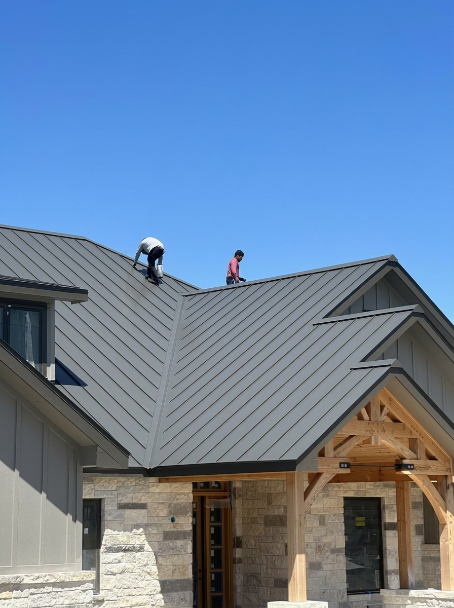 Standing seam metal roof installation on custom home