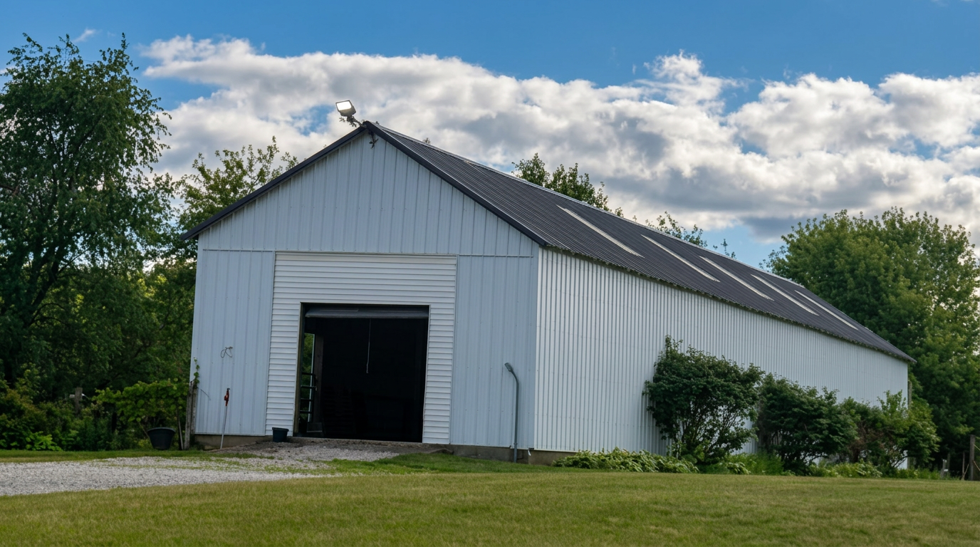Completed white pole barn with new black metal roof